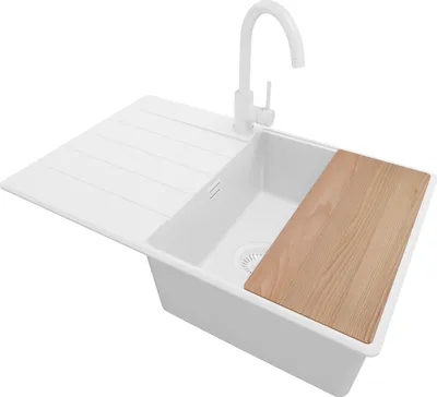 Produktbild von PRIMAGRAN Granitspüle Alles Weiß 78x50cm, Spülbecken 1 Becken + Ablauf-Set + Küchenzubehörset, Küchenspüle ab 50er Unterschrank - Kopenhagen
