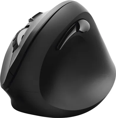 A black ergonomic vertical mouse is shown from a side angle against a white background.