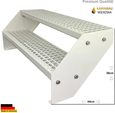 Produktbild von Gitterrost Stahl Wangentreppe 2 Stufen Verzinkt & Weiß Pulverlackiert - (L x B x H) 44cm x 80cm x 38cm