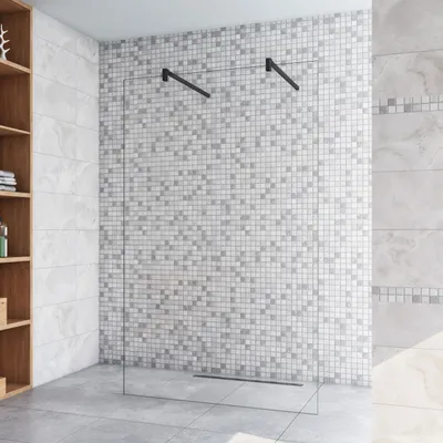 Produktbild von 117.7x200cm+ mit 2  90cm Schwarz Stabilisator 8mm Nano Sicherheitsglas Walk in Duschwand Duschabtrennung