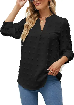 Produktbild von ASKSA Damen Chiffon Bluse V-Ausschnitt Pom Pom T-Shirt 3/4 Ärmel Elegant Tunika Casual Oberteile, Schwarz, 2XL