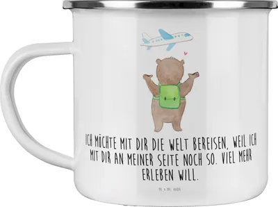 Produktbild von Mr. & Mrs. Panda Teetasse Bär Flugzeug - Weiß - Geschenk, für Freundin, Frauen, Partner, Emaille Tasse, becher, Teebecher, Hochzeitstag, Pott, Valentinstag, Mitbringsel
