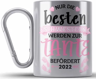 Produktbild von Trendation - Tante 2022 Du Wirst Tante Geschenk Edelstahl Tasse Karabiner Schwangerschaft Schwester Nur Die Beste Schwester Wird Zur Tante Befördert (Silber)