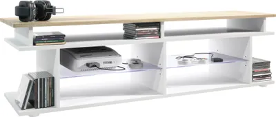 Produktbild von Vladon TV Board Movie V3 Game On 138,5 x 39 x 37,5 cm inkl. LED-Beleuchtung Blau, Korpus in Weiß matt, Game Aufsatz in Eiche sägerau