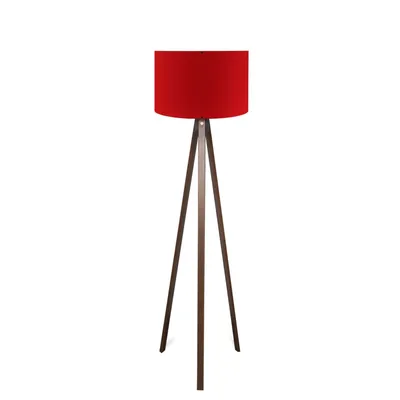 A red floor lamp with a tripod base.