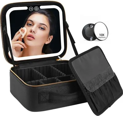 A woman applying makeup in front of a lighted mirror on a makeup case.