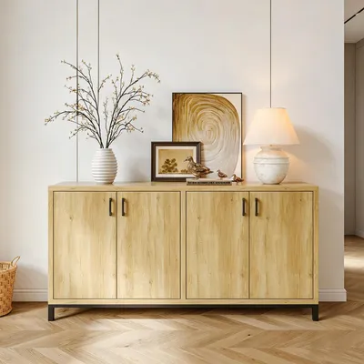 Immagine prodotto di INONEFT, mobiletto da cucina, credenza, mobile contenitore con 4 ante, mobiletto da cucina con piano di lavoro, mobile buffet, dimensioni 160 x 35 x 80 cm, colore legno naturale
