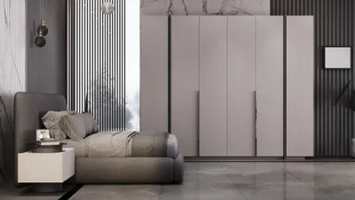 Image de Ensemble de chambre à coucher moderne gris Lit design Armoire Tables de chevet