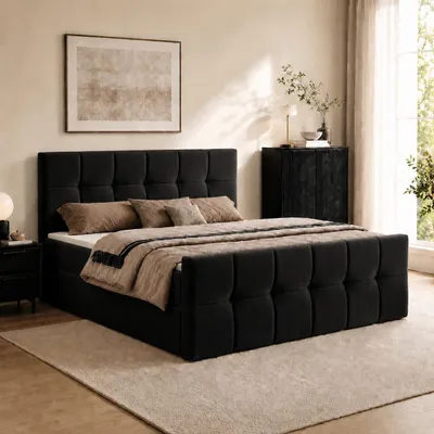 Produktbild von Boxspringbett AUREN FRONT 200x200 cm Komplett-Set mit Bonell-Matratze, Topper und Bettkasten, Samt Schwarz