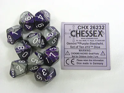 Obrázok produktu pre Chessex Gemini fialovo-oceľová/biela sada kociek D10 10 kusov