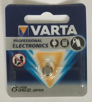 A retail package of Varta button cell batteries.