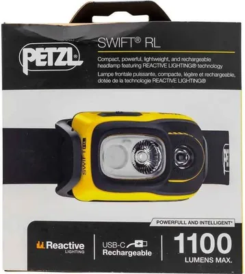The image shows the retail packaging of a Petzl Swift RL headlamp.