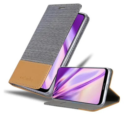 A phone case with a flip cover is shown, with a phone inside the case.