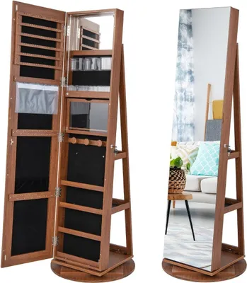 Image de Armoire à bijoux rotative à 360° avec lumières LED tricolores, armoire à miroir en bois sur pied