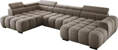 Produktbild von DomoHome Modern Großes U‑Förmiges Ecksofa Stoff EDEN Kamel Linke Seite 393×205×97 cm – Verstellbare Kopfstützen, Schlaf‑Optional, Minimalistisches Kubistisches Design