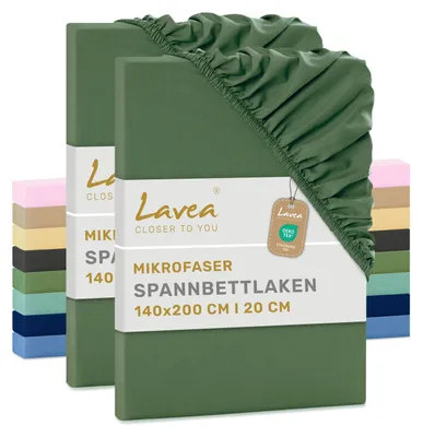 Produktbild von Lavea® Spannbettlaken 140x200 cm aus Mikrofaser, Bettlaken mit Rundumgummi, für Matratzen bis 20 cm, atmungsaktiv und kühlend, pflegeleicht, Spannbetttücher, 2er Set, Olivgrün