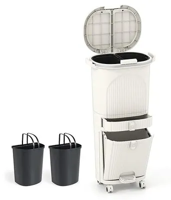 Imagen del producto de Cubo de basura para cocina, sistema de separación de residuos con 3 compartimentos, 2 cubetas interiores de 12 litros y 1 cubo de 14 litros, cubo de basura con ruedas, cajón, tapa doble, pedal y ganchos, cubo de basura con pedal para cocina, baño u oficina (beige)