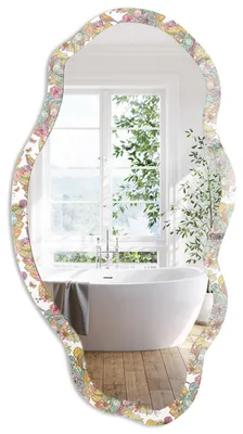 Produktbild von Ausgefallener Wandspiegel mit Motivdruck – organische Freiform – 90x45 cm – asymmetrischer Designspiegel – moderne Dekoration für Wohnzimmer, Flur und Schlafzimmer - Vogelgärten