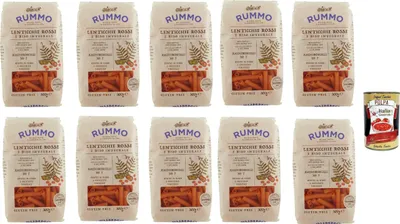 Produktbild von Rummo Lenticchie Rosse e Riso Integrale Maccheroncelli N° 7, Rote Linsen und reis pasta, Gluten frei, gluten free 10x 300g + Italian Gourmet polpa 400g