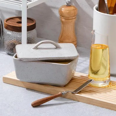 Produktbild von Keramik Butterdose mit Deckel, Vintage europäische Butterdose mit Deckel, abgedeckte Butterschale und Butterbox für Küchen (grau, Mittlere Größe)