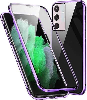 A purple and clear phone case is shown from a diagonal angle.