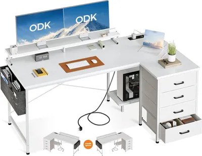 Zdjęcie produktu dla Biurko narożne białe z miejscem do przechowywania i portem USB do ładowania, 160x80cm
