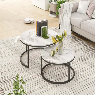 Productafbeelding van Ronde Salontafel Set van 2 - Marmer/Metaal - Gouden frame
