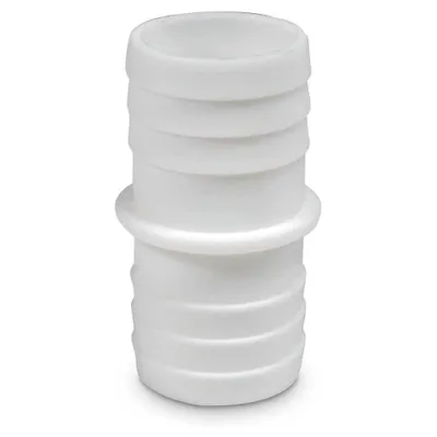 A white plastic hose connector with ribbed sections for grip.