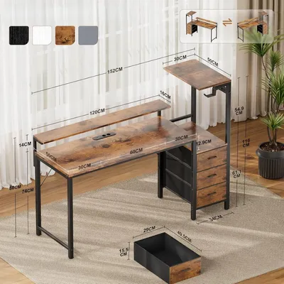 Image de Bureau informatique, bureau de jeu - Bureau pour ordinateur 150x50 cm - Éclairage LED - Barre d'alimentation - Étagères et tiroirs - Structure métallique - Marron