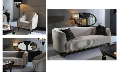 Produktbild von Sofagarnitur 3+1 Sitzer Stoff Sofa Couch Garnitur Design Grau Schwarz Möbel 2tlg
