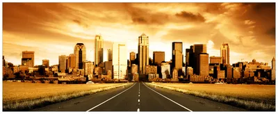 Produktbild von Wallario Premium Glasbild, freischwebende Optik, kräftige Farben, Größe 80 x 32 cm Motiv Skyline am Ende der Straße