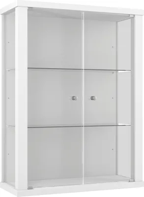 A white display cabinet with glass doors and shelves.