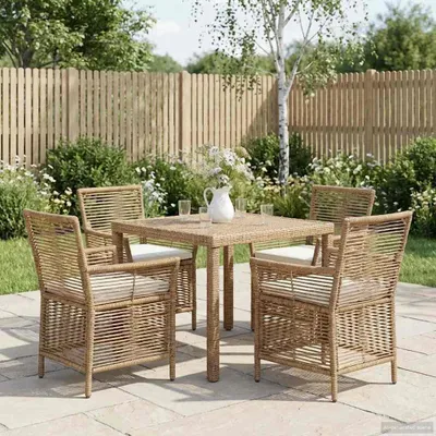 Produktbild von 4 Gartenstühle mit Kissen in Beige und Creme aus Poly-Rattan