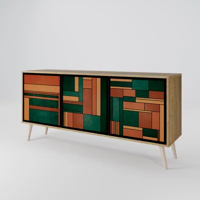 A sideboard with a geometric pattern on its doors, shown against a white background.