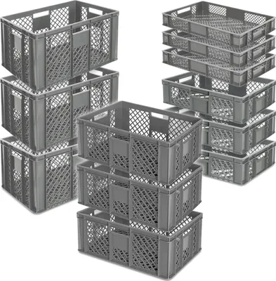 Produktbild von 12x Stapelkorb/Bäckerkisten in 4 Größen, Grundmaß LxB 600 x 400 mm, H 90 mm, 150 mm, 240 mm, 320 mm, Farbe grau