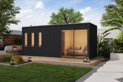 Produktbild von Saunahaus Außensauna Gartensauna MONTEREY mit Vorraum schwarz lackiert Ofen 9 kW  externe Strg easy 73mm gedämmte Elemente 574x217x244 cm