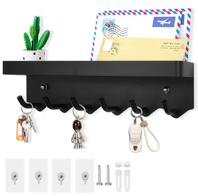 Produktbild von Schlüsselbrett Schlüsselhalter Schlüsselleiste - Selbstklebend - Schwarz - 6 Haken - Mit Ablage