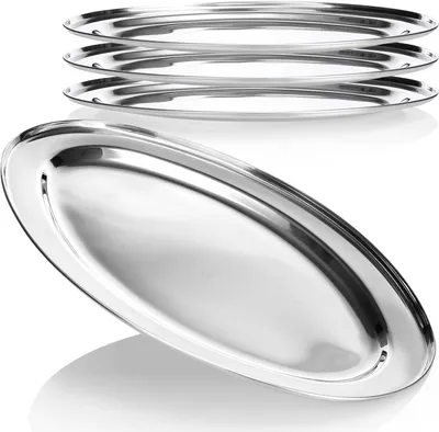 Produktbild von ® 4X Serviertablett aus Edelstahl - Tablett oval zum Servieren und Dekorieren - Edelstahl Servierplatte für Hochzeit, Geburtstag, Familienfest - Deko-Tablett (45x29cm - 4 Stück)