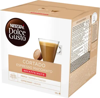 A box of Nescafé Dolce Gusto Cortado Espresso Macchiato Decaffeinato coffee capsules.