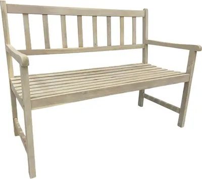 A light-colored wooden garden bench against a white background.