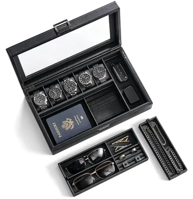 Produktbild von Uhrenbox, schwarz - 5 Fächer - Mit Glasdeckel - Mit herausnehmbarer Trennwand