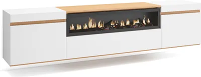 A modern TV cabinet with a built-in electric fireplace, presented against a white background.