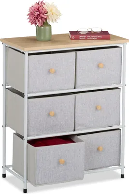 Immagine prodotto di Comodino Relaxdays, 6 cassetti in tessuto, per ingresso e camera da letto, A x L x P: 73 x 60 x 32 cm, cassettiera, metallo, grigio chiaro/naturale