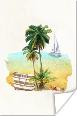 Produktbild von MuchoWow® Poster Strand - Palme - Boot - Aquarell 40x60 cm - Plakate für die Wand - Poster Babyzimmer