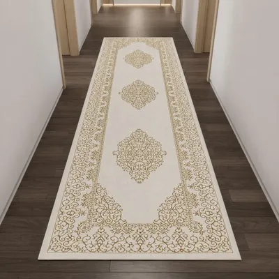 Produktbild von Teppich Creme Gold Ornament Design Wohnzimmer Größe - 80 x 300 cm