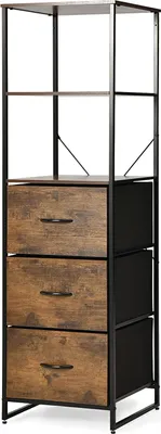 A tall, narrow storage cabinet with a metal frame and three wooden-look drawers, set against a white background.