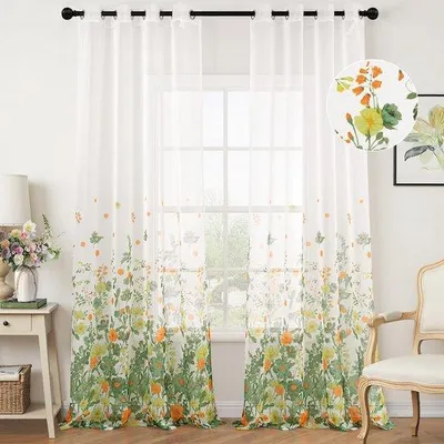 Productafbeelding van Ibenzoa® Transparante gordijnen met bloemenprint, met oogjes | Polyester, set van 2 stuks, 140 x 260 cm, luchtig – geschikt voor woonkamer en slaapkamer
