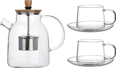 Produktbild von Nisa Glasteekannen-Set 1600 ml mit Bambusdeckel, inkl. Tassen & Untertellern