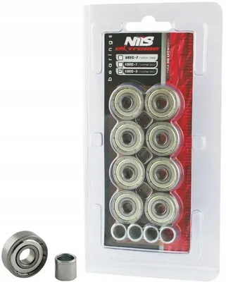 A package of Nils Extreme Abec 9 Carbon bearings, with some bearings and a spacer shown outside the packaging.