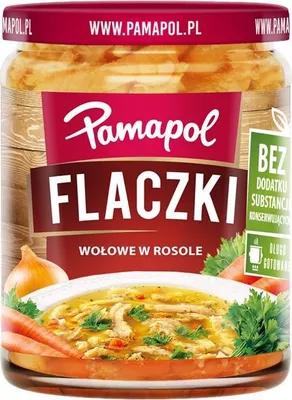 A jar of Polish tripe soup (Flaczki) with vegetables.